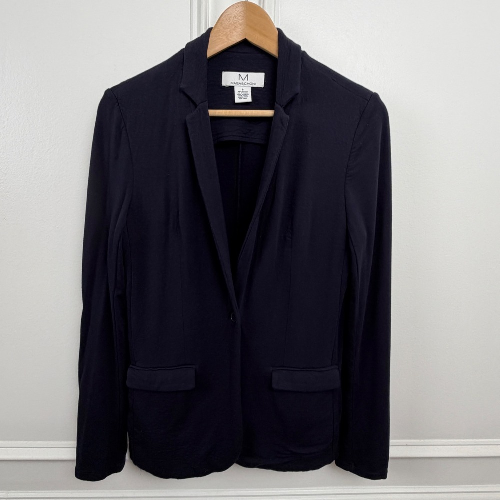 Magaschoni Navy Blue Knit Blazer Single Button Rayon Spandex Jacket Womens Small